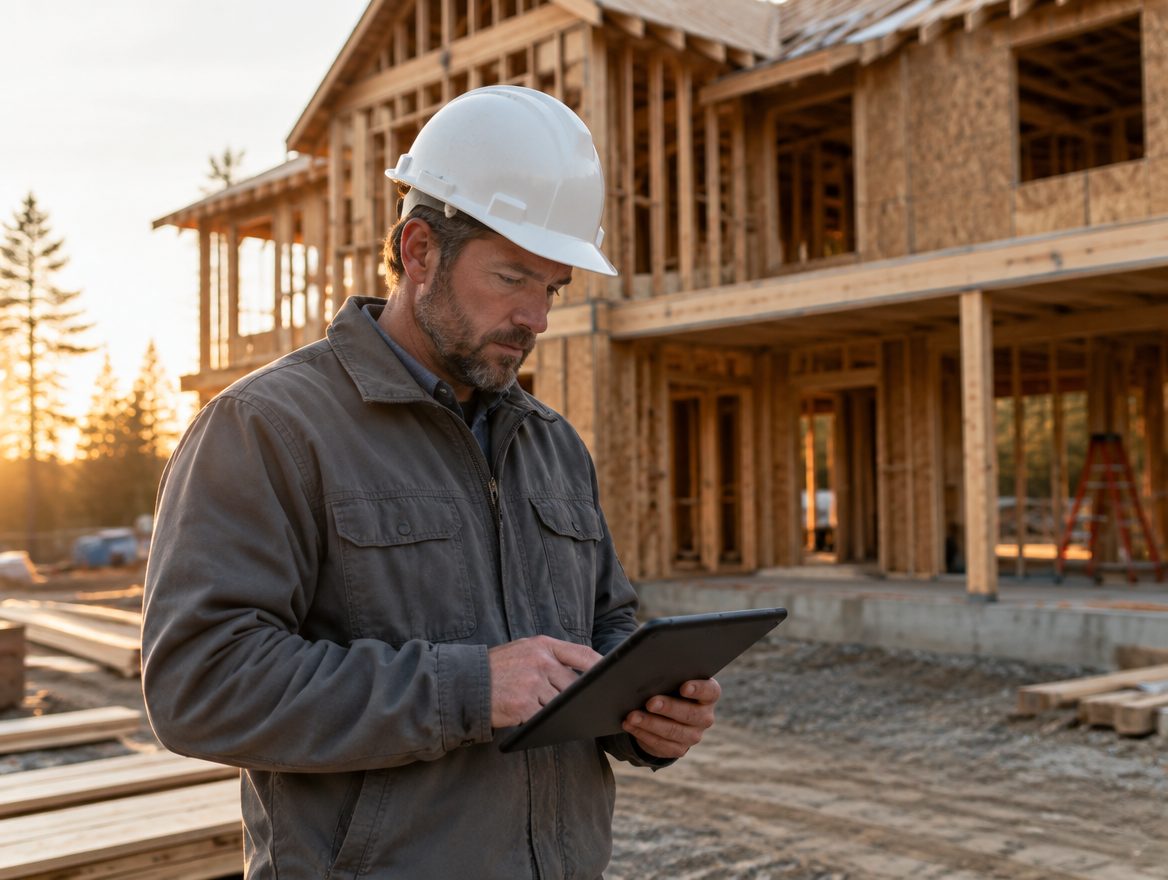 General contractor reviewing job numbers on a tablet at a custom home build