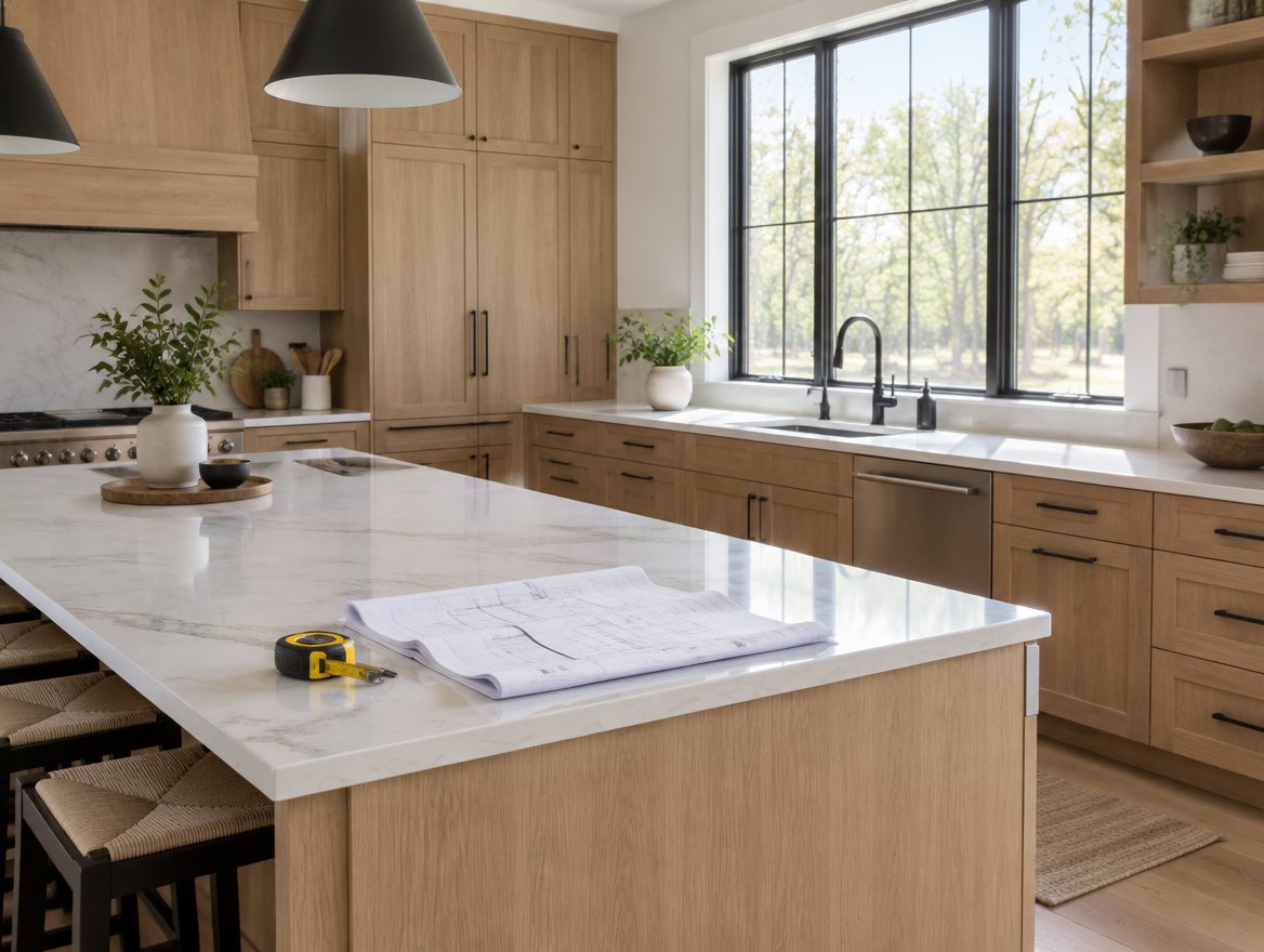 Finished kitchen remodel with white oak cabinets and a quartz island