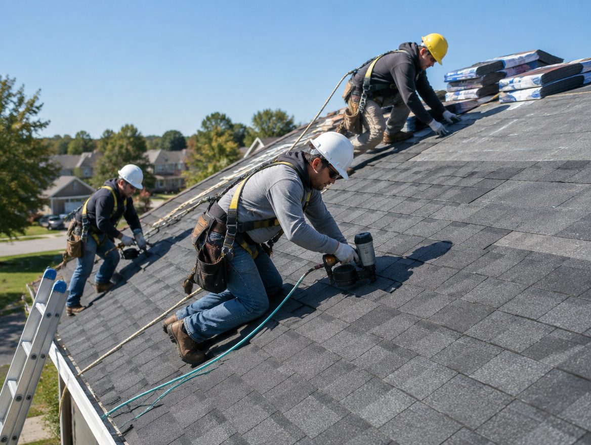 Roofing crew installing new architectural shingles on a residential roof